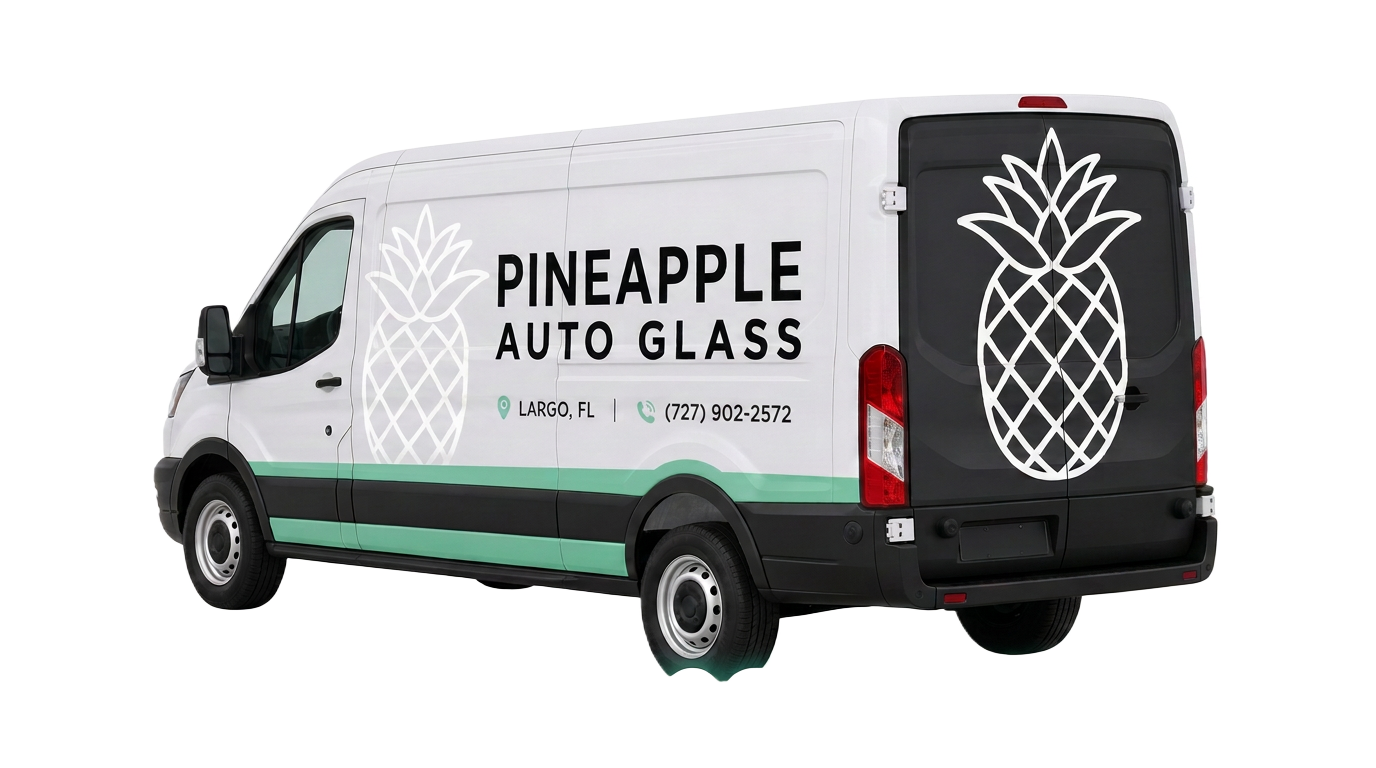 Pineapple Auto Glass service van — rear view with white outline pineapple on the black rear door and phone number (727) 902-2572