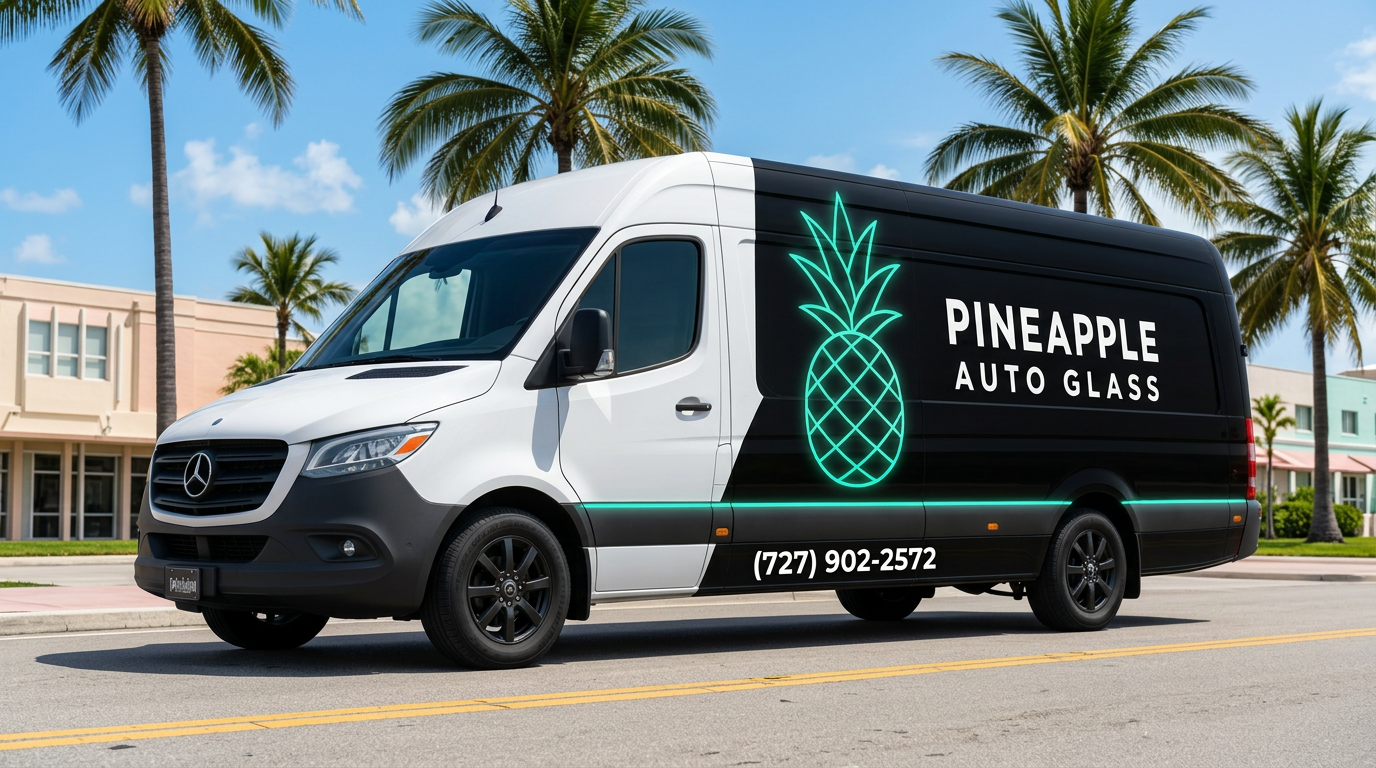 Pineapple Auto Glass mobile service van with white outline pineapple on the rear black door, parked on a bright Florida street lined with palm trees
